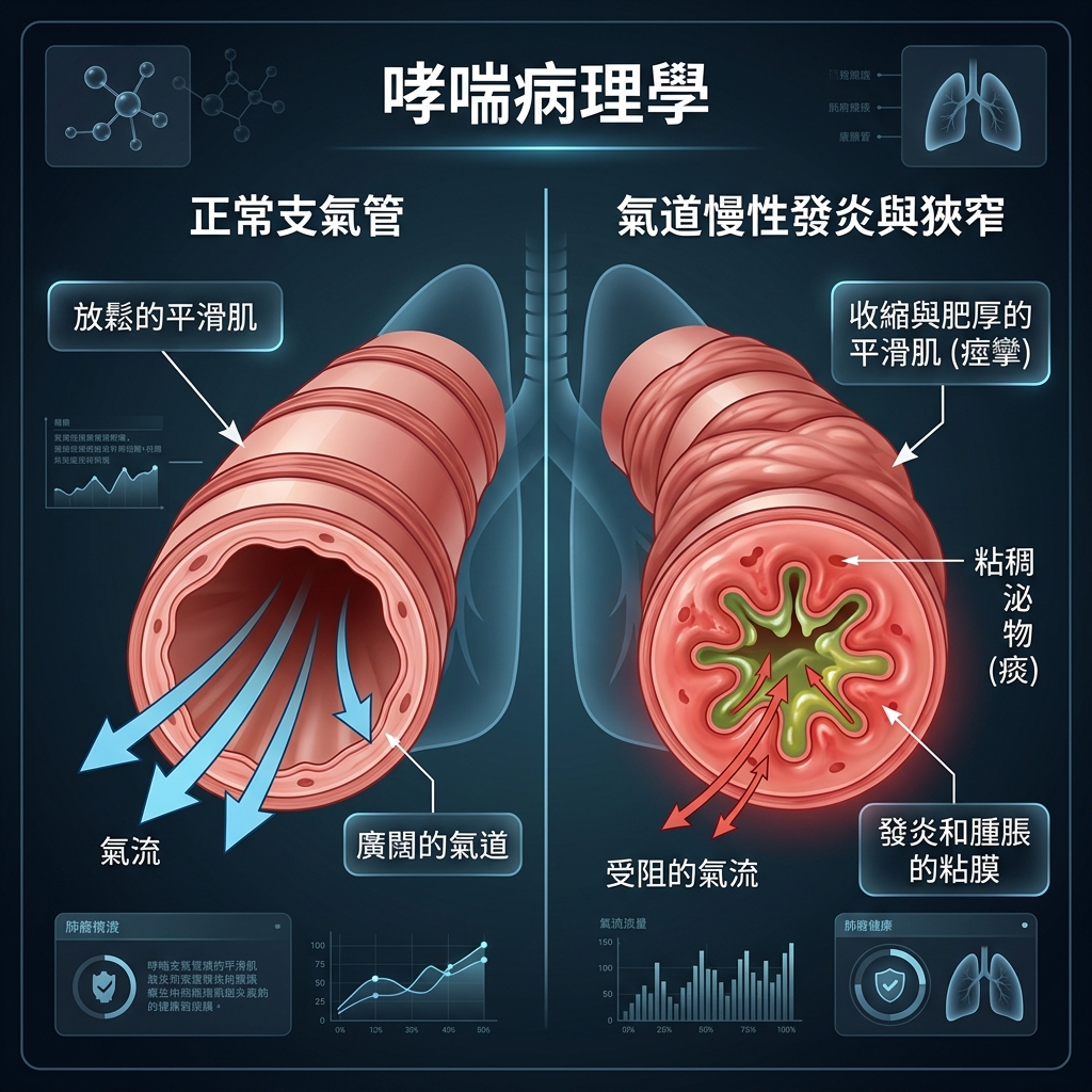 氣喘病理學：正常支氣管與氣道慢性發炎與狹窄對照圖